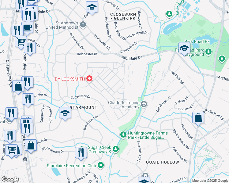 map of restaurants, bars, coffee shops, grocery stores, and more near 6404 Silver Star Lane in Charlotte