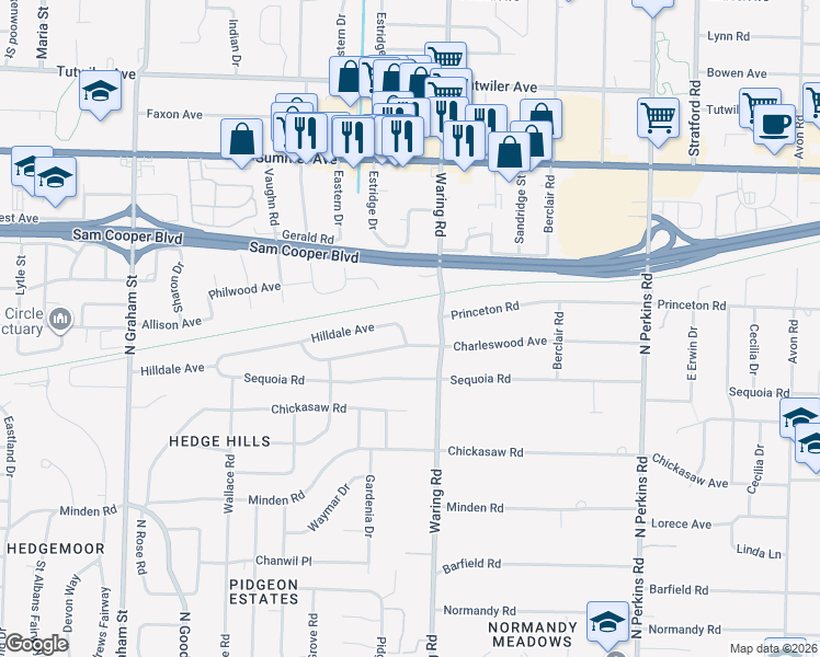 map of restaurants, bars, coffee shops, grocery stores, and more near 4336 Hilldale Avenue in Memphis
