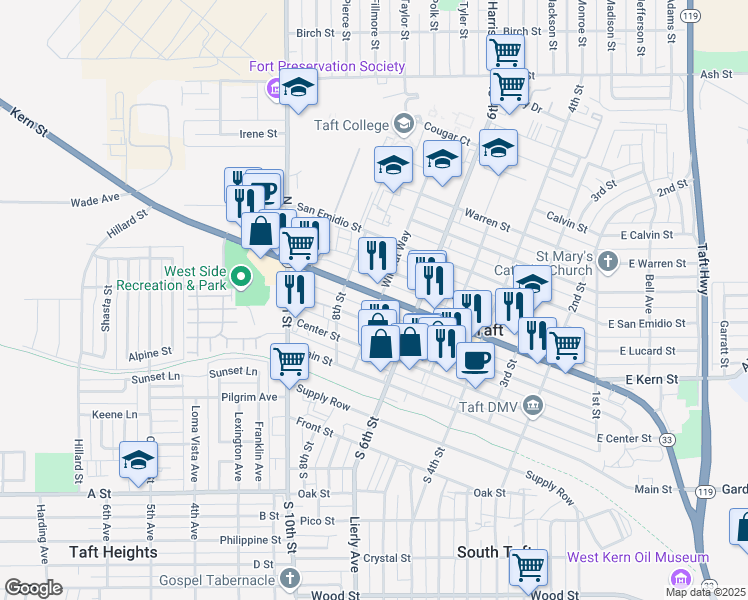 map of restaurants, bars, coffee shops, grocery stores, and more near 315 7th Street in Taft