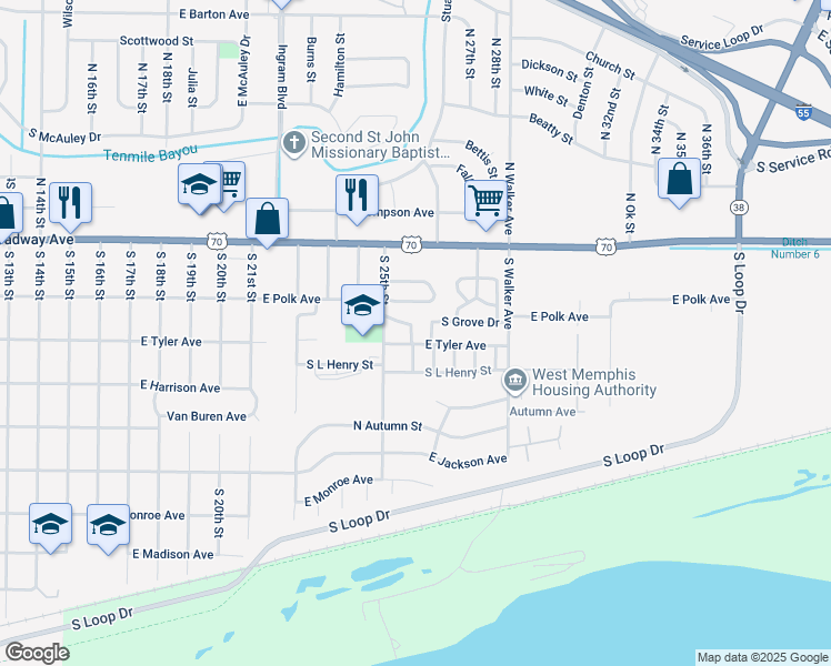map of restaurants, bars, coffee shops, grocery stores, and more near 2528 Tyler Circle in West Memphis