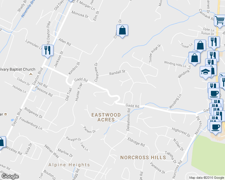 map of restaurants, bars, coffee shops, grocery stores, and more near 525 Gadd Road in Chattanooga