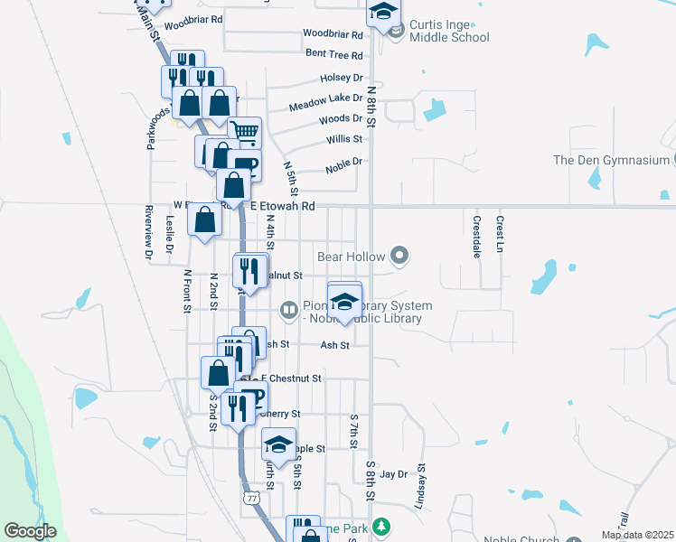 map of restaurants, bars, coffee shops, grocery stores, and more near 401 N 6th St in Noble