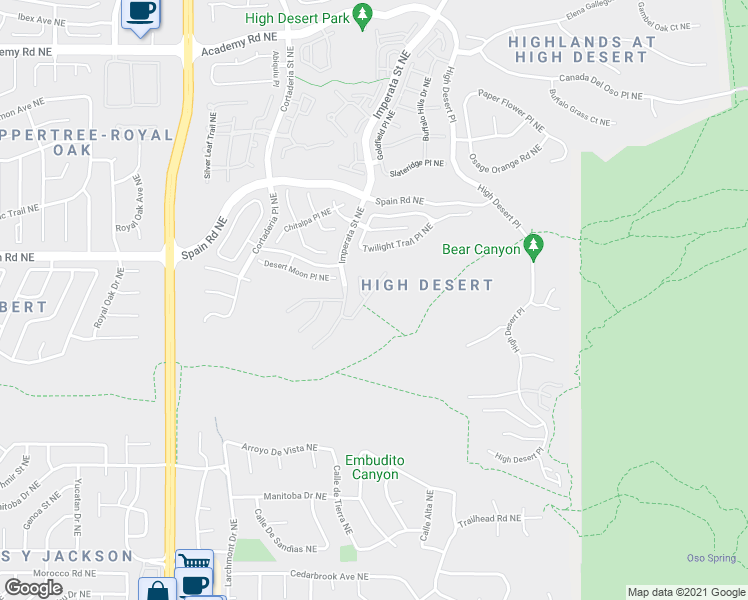 map of restaurants, bars, coffee shops, grocery stores, and more near 13200 Canyon Edge Trail in Albuquerque