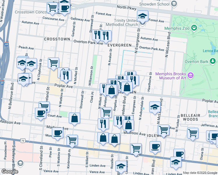 map of restaurants, bars, coffee shops, grocery stores, and more near 1610 Poplar Avenue in Memphis