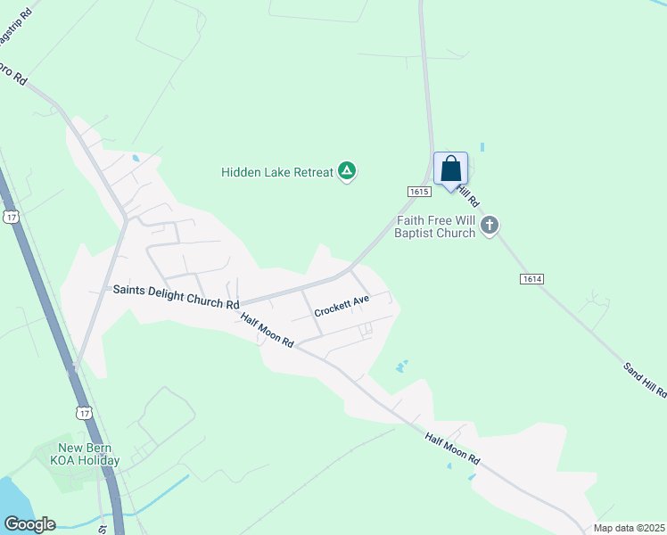 map of restaurants, bars, coffee shops, grocery stores, and more near 395 Saints Delight Church Road in New Bern