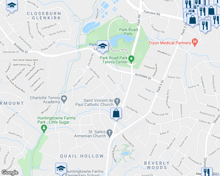 map of restaurants, bars, coffee shops, grocery stores, and more near 6723 Old Reid Road in Charlotte