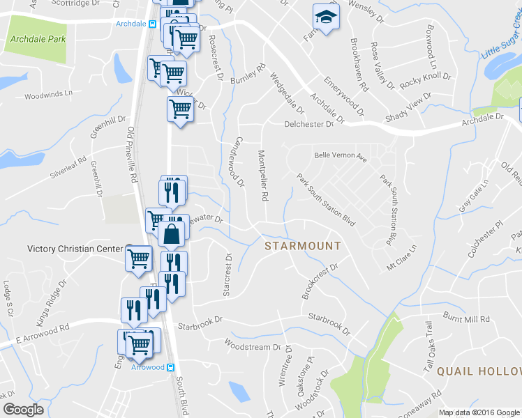 map of restaurants, bars, coffee shops, grocery stores, and more near 6444 Montpelier Road in Charlotte