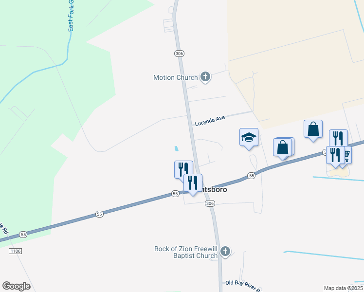 map of restaurants, bars, coffee shops, grocery stores, and more near 231 North Carolina 306 in Grantsboro