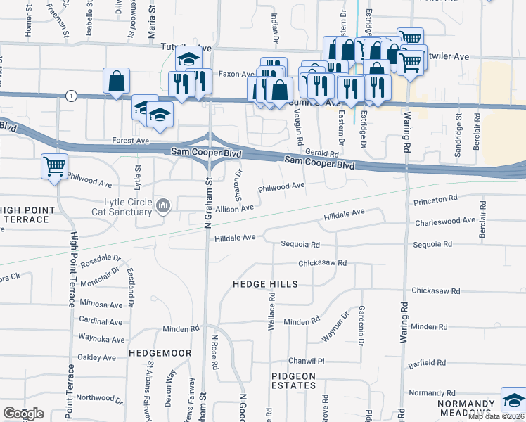map of restaurants, bars, coffee shops, grocery stores, and more near 4053 Allison Avenue in Memphis