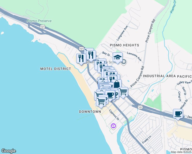 map of restaurants, bars, coffee shops, grocery stores, and more near 369 Wadsworth Avenue in Pismo Beach