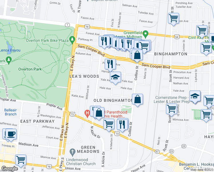 map of restaurants, bars, coffee shops, grocery stores, and more near 2498 Hale Avenue in Memphis