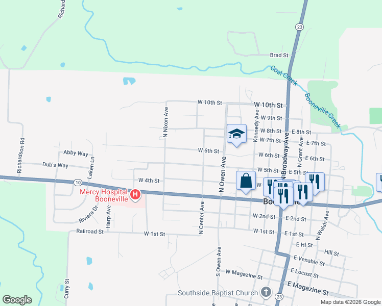 map of restaurants, bars, coffee shops, grocery stores, and more near 544 West 6th Street in Booneville