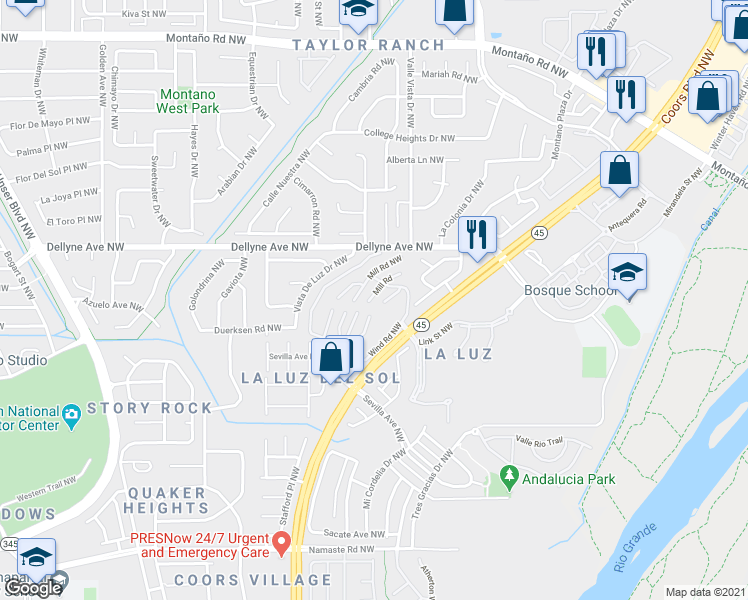 map of restaurants, bars, coffee shops, grocery stores, and more near 13 Mill Road Northwest in Albuquerque