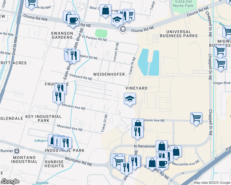 map of restaurants, bars, coffee shops, grocery stores, and more near 605 Noble Place Northeast in Albuquerque