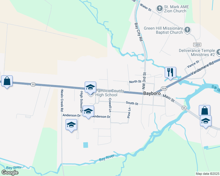 map of restaurants, bars, coffee shops, grocery stores, and more near 420 Main Street in Bayboro