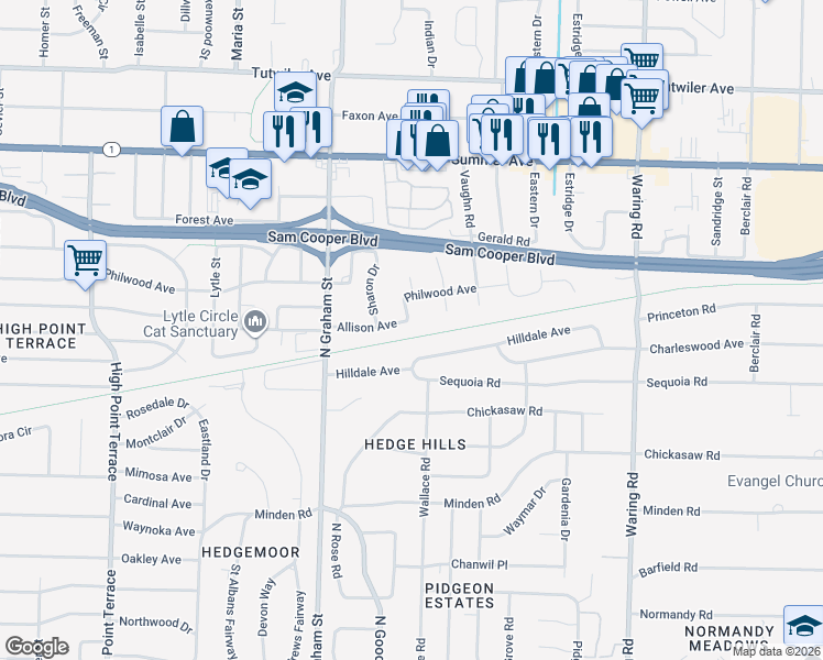 map of restaurants, bars, coffee shops, grocery stores, and more near 4053 Allison Avenue in Memphis