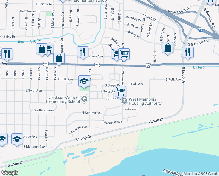 map of restaurants, bars, coffee shops, grocery stores, and more near 2706 South Grove Drive in West Memphis