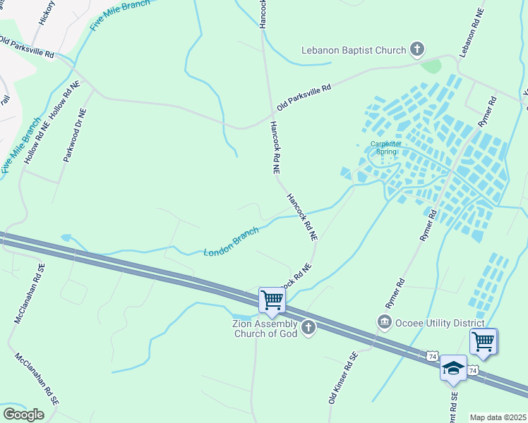 map of restaurants, bars, coffee shops, grocery stores, and more near 156 Burl Oaks Drive Northeast in Cleveland