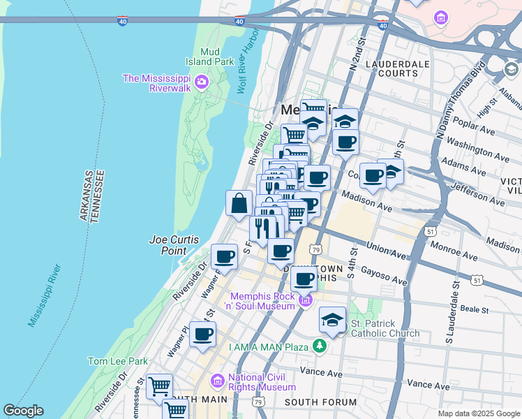 map of restaurants, bars, coffee shops, grocery stores, and more near Union Avenue & South Front Street in Memphis