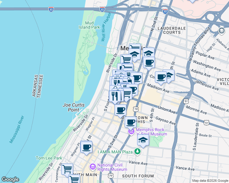 map of restaurants, bars, coffee shops, grocery stores, and more near 88 Union Avenue in Memphis