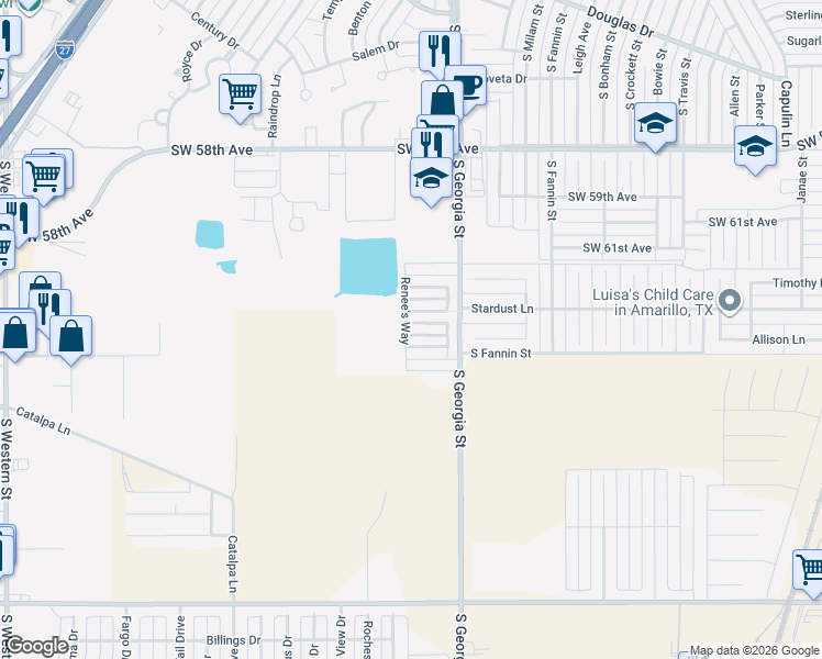 map of restaurants, bars, coffee shops, grocery stores, and more near 2807 Ries Lane in Amarillo