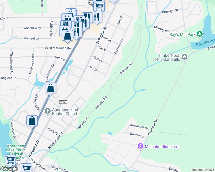 map of restaurants, bars, coffee shops, grocery stores, and more near 395 Midway Road in Aberdeen