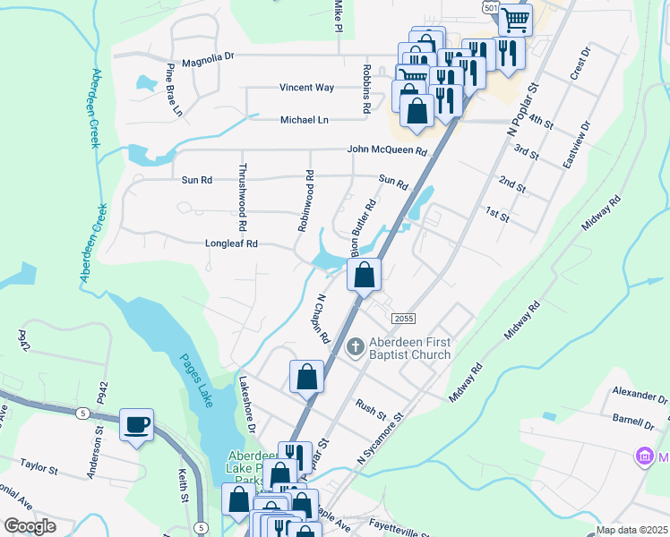 map of restaurants, bars, coffee shops, grocery stores, and more near 801 North Chapin Road in Aberdeen