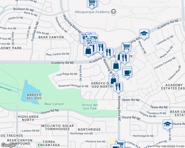 map of restaurants, bars, coffee shops, grocery stores, and more near 7905 Charger Trail Northeast in Albuquerque