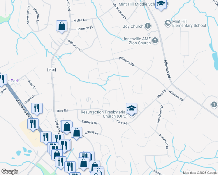map of restaurants, bars, coffee shops, grocery stores, and more near 2809 Ritz Lane in Matthews