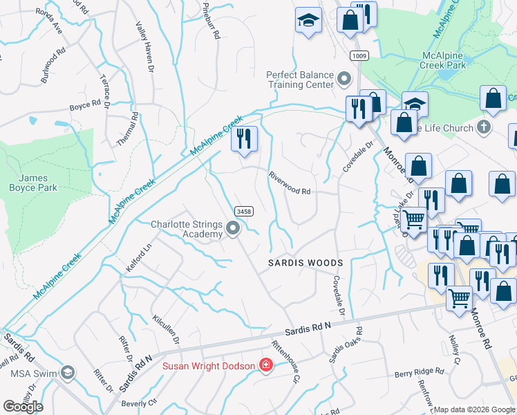 map of restaurants, bars, coffee shops, grocery stores, and more near 401 Bass Lane in Charlotte