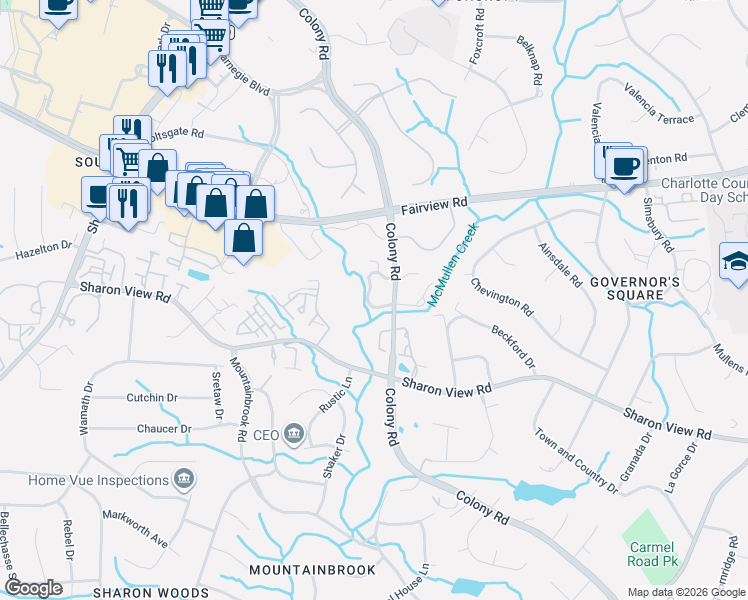 map of restaurants, bars, coffee shops, grocery stores, and more near 3711 Colony Crossing Drive in Charlotte
