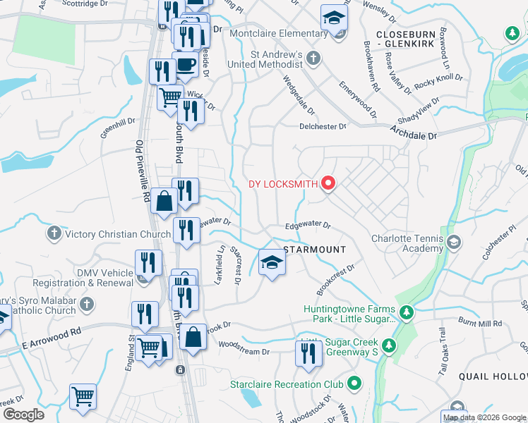 map of restaurants, bars, coffee shops, grocery stores, and more near 6444 Montpelier Road in Charlotte