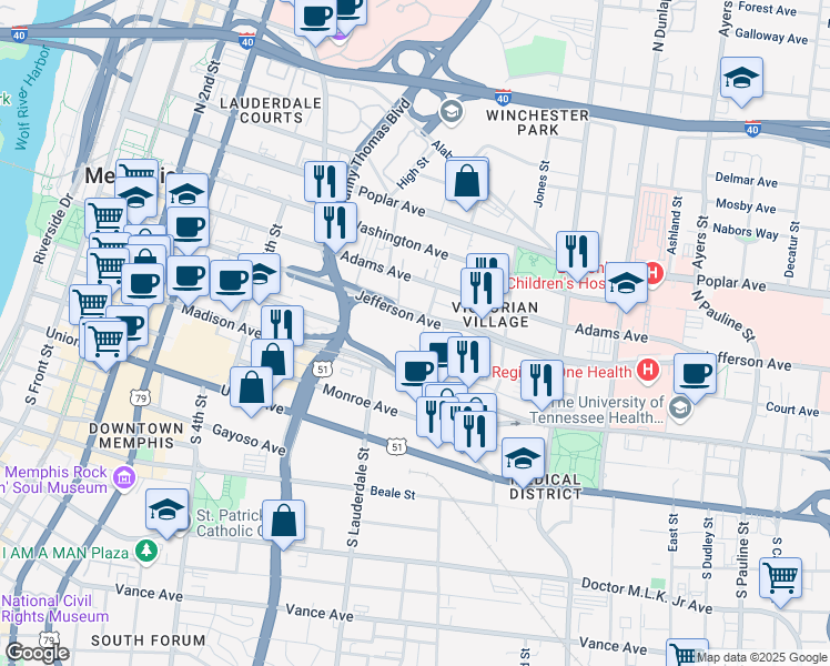 map of restaurants, bars, coffee shops, grocery stores, and more near 601 North Avant Lane in Memphis