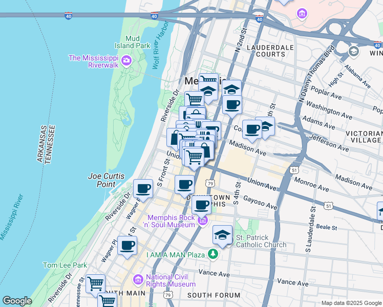 map of restaurants, bars, coffee shops, grocery stores, and more near in Memphis