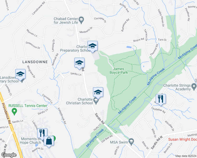map of restaurants, bars, coffee shops, grocery stores, and more near 7101 Sardis Road in Charlotte