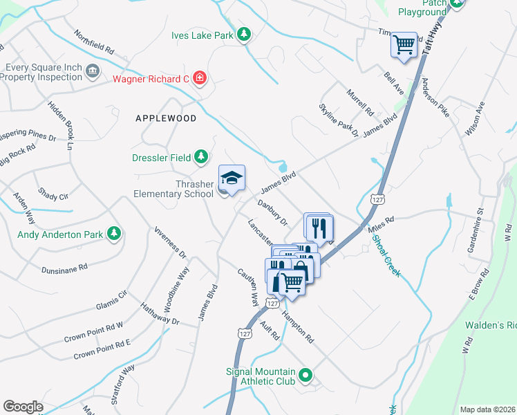 map of restaurants, bars, coffee shops, grocery stores, and more near 712 Danbury Drive in Signal Mountain