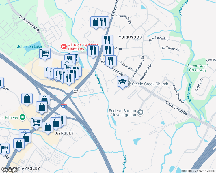 map of restaurants, bars, coffee shops, grocery stores, and more near 2016 Arrowcreek Drive in Charlotte