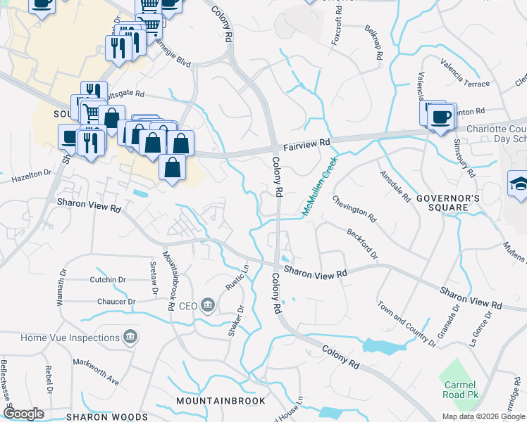 map of restaurants, bars, coffee shops, grocery stores, and more near 3711 Colony Crossing Drive in Charlotte