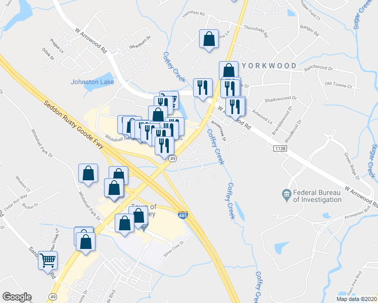 map of restaurants, bars, coffee shops, grocery stores, and more near 2215 Yager Creek Drive in Charlotte