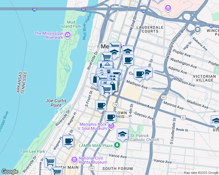 map of restaurants, bars, coffee shops, grocery stores, and more near 45 South 2nd Street in Memphis