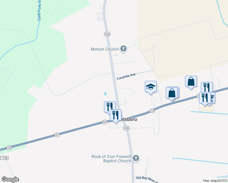 map of restaurants, bars, coffee shops, grocery stores, and more near 231 North Carolina 306 in Grantsboro