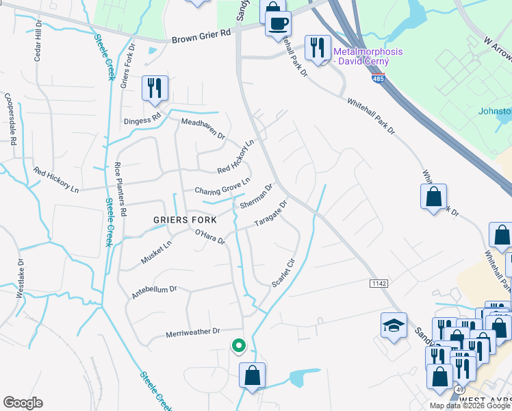 map of restaurants, bars, coffee shops, grocery stores, and more near 12230 Sherman Drive in Charlotte