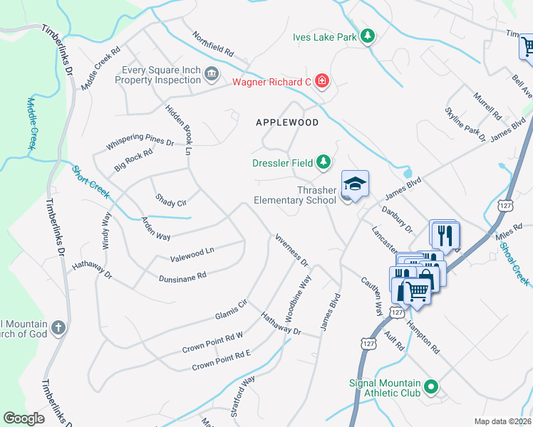 map of restaurants, bars, coffee shops, grocery stores, and more near 1119 Glamis Circle in Signal Mountain