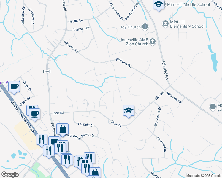 map of restaurants, bars, coffee shops, grocery stores, and more near 2809 Ritz Lane in Matthews