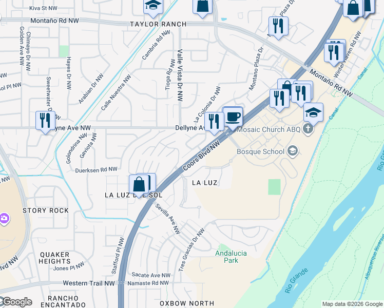 map of restaurants, bars, coffee shops, grocery stores, and more near 5032 Mirador Drive Northwest in Albuquerque