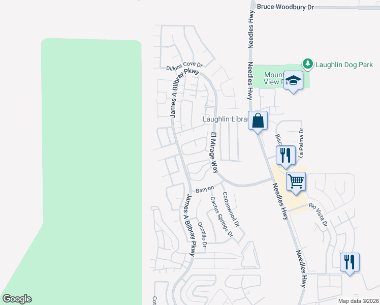 map of restaurants, bars, coffee shops, grocery stores, and more near 2279 Rugged Mesa Drive in Laughlin