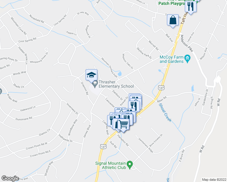 map of restaurants, bars, coffee shops, grocery stores, and more near Danbury Drive in Signal Mountain