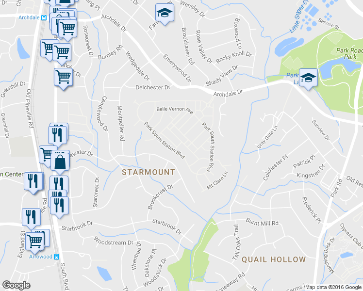 map of restaurants, bars, coffee shops, grocery stores, and more near 2306 Kensington Station Parkway in Charlotte