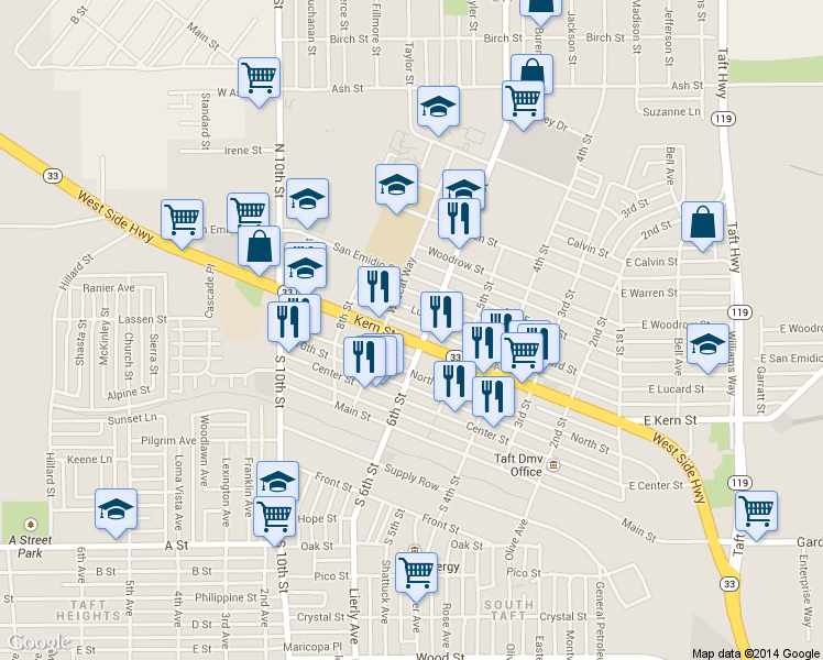 map of restaurants, bars, coffee shops, grocery stores, and more near 610 Kern Street in Taft