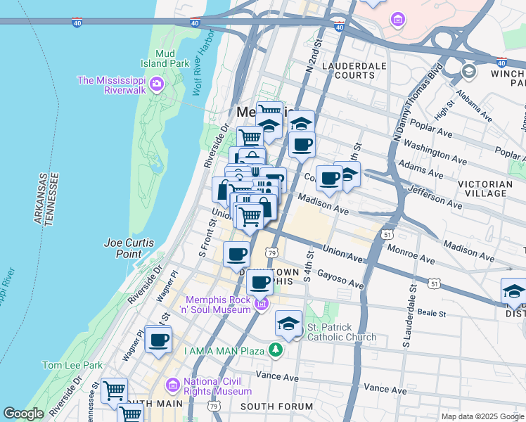 map of restaurants, bars, coffee shops, grocery stores, and more near 45 South 2nd Street in Memphis